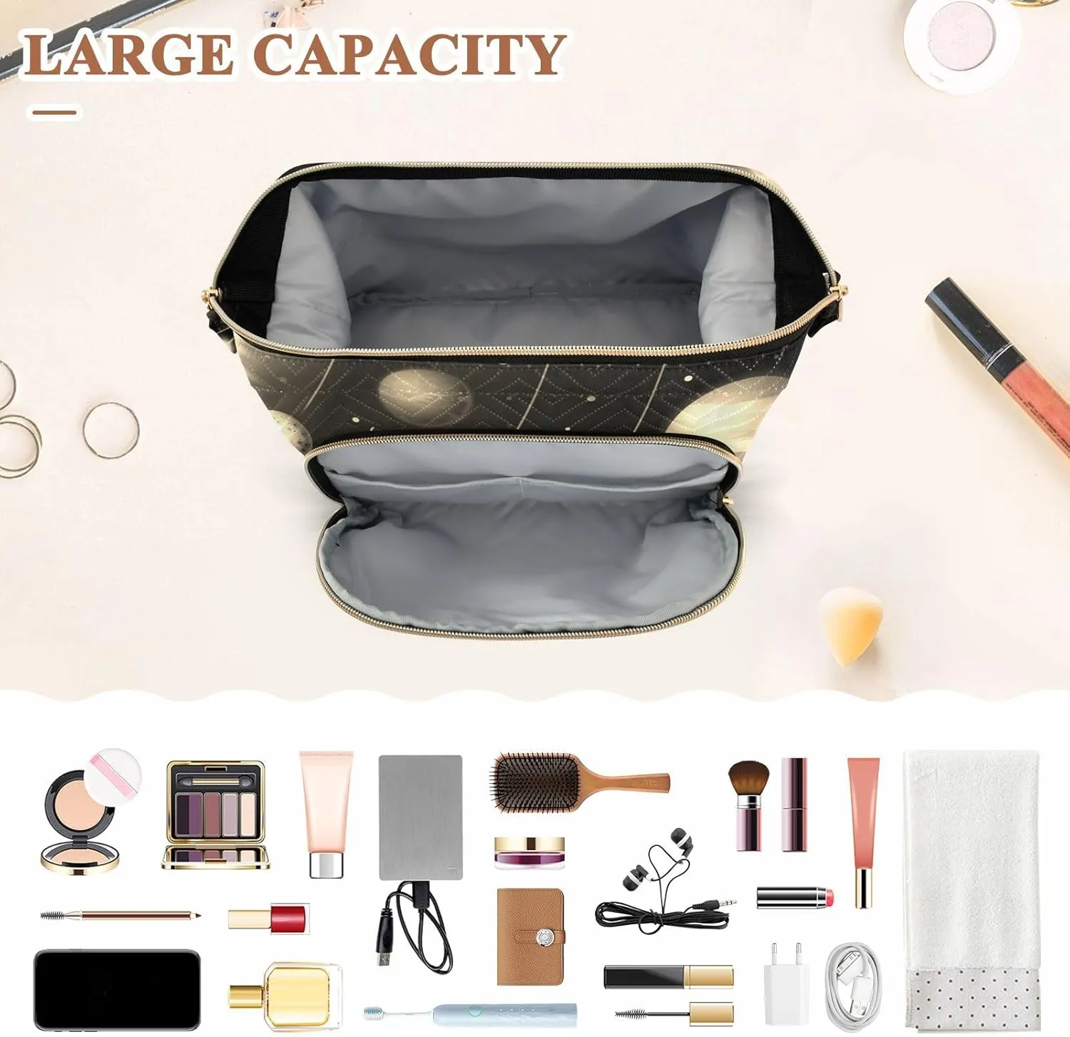 Women Wave Quilt Cosmetic Bag, Storage Pouch Handbag Makeup Case Zipper Toiletry Purse Holder Organizer 10.2x5.9x6.7 in Solar System with the Sun Earth Mars Mercury Jupiter Saturn Uranus