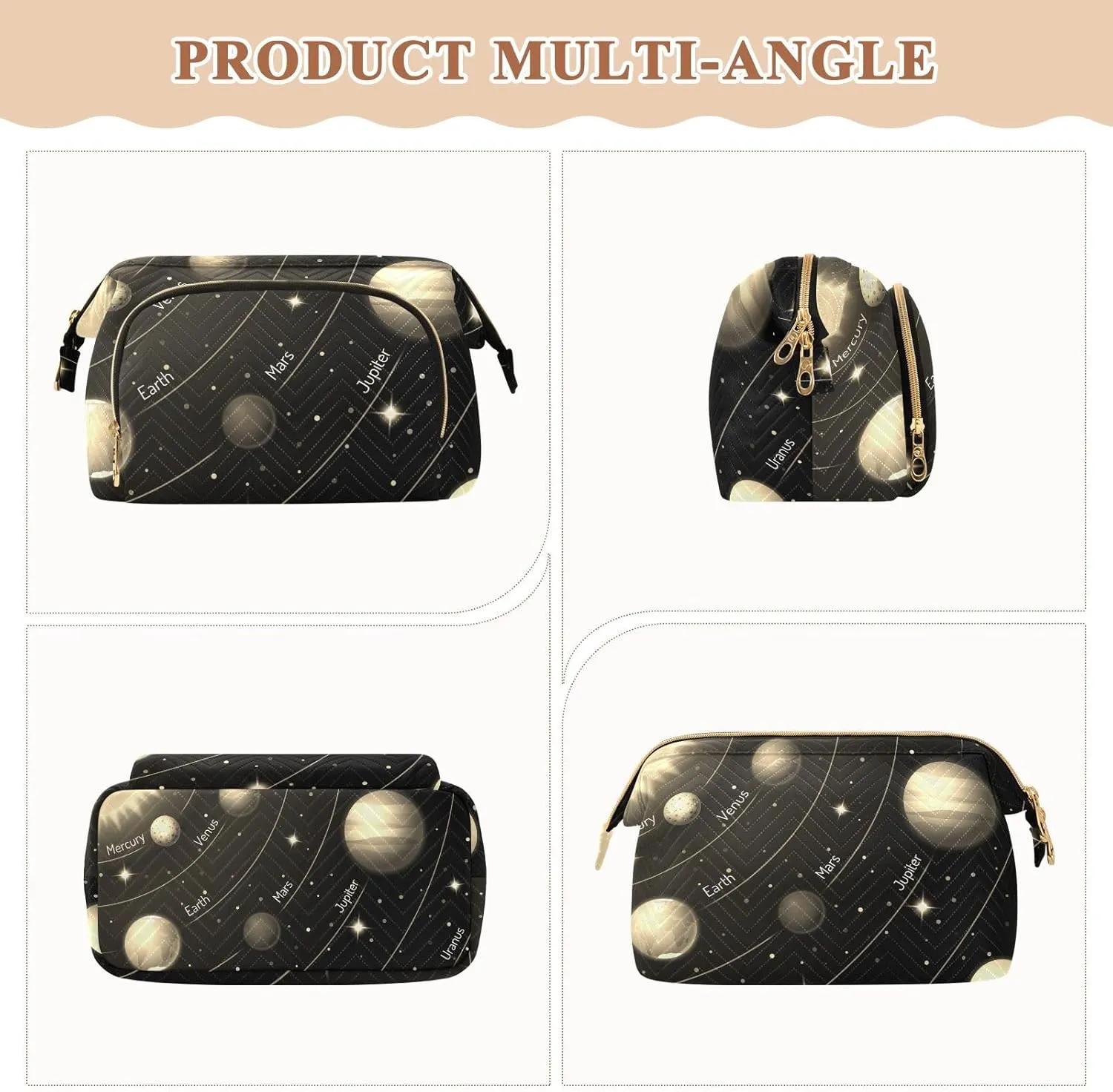 Women Wave Quilt Cosmetic Bag, Storage Pouch Handbag Makeup Case Zipper Toiletry Purse Holder Organizer 10.2x5.9x6.7 in Solar System with the Sun Earth Mars Mercury Jupiter Saturn Uranus