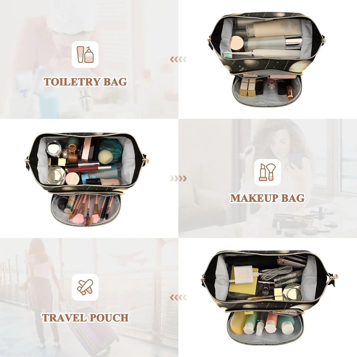 Women Wave Quilt Cosmetic Bag, Storage Pouch Handbag Makeup Case Zipper Toiletry Purse Holder Organizer 10.2x5.9x6.7 in Solar System with the Sun Earth Mars Mercury Jupiter Saturn Uranus