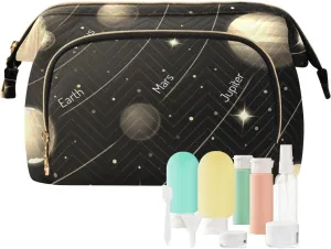 Women Wave Quilt Cosmetic Bag, Storage Pouch Handbag Makeup Case Zipper Toiletry Purse Holder Organizer 10.2x5.9x6.7 in Solar System with the Sun Earth Mars Mercury Jupiter Saturn Uranus
