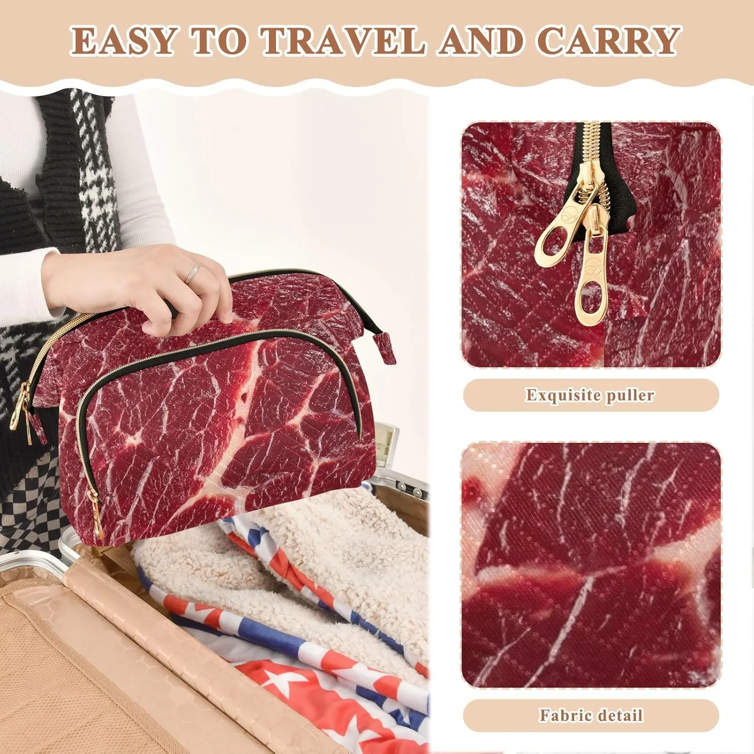 Women Wave Quilt Cosmetic Bag, Storage Pouch Handbag Makeup Case Zipper Toiletry Purse Holder Organizer 10.2x5.9x6.7 in Steak Beef Meant Red Texture