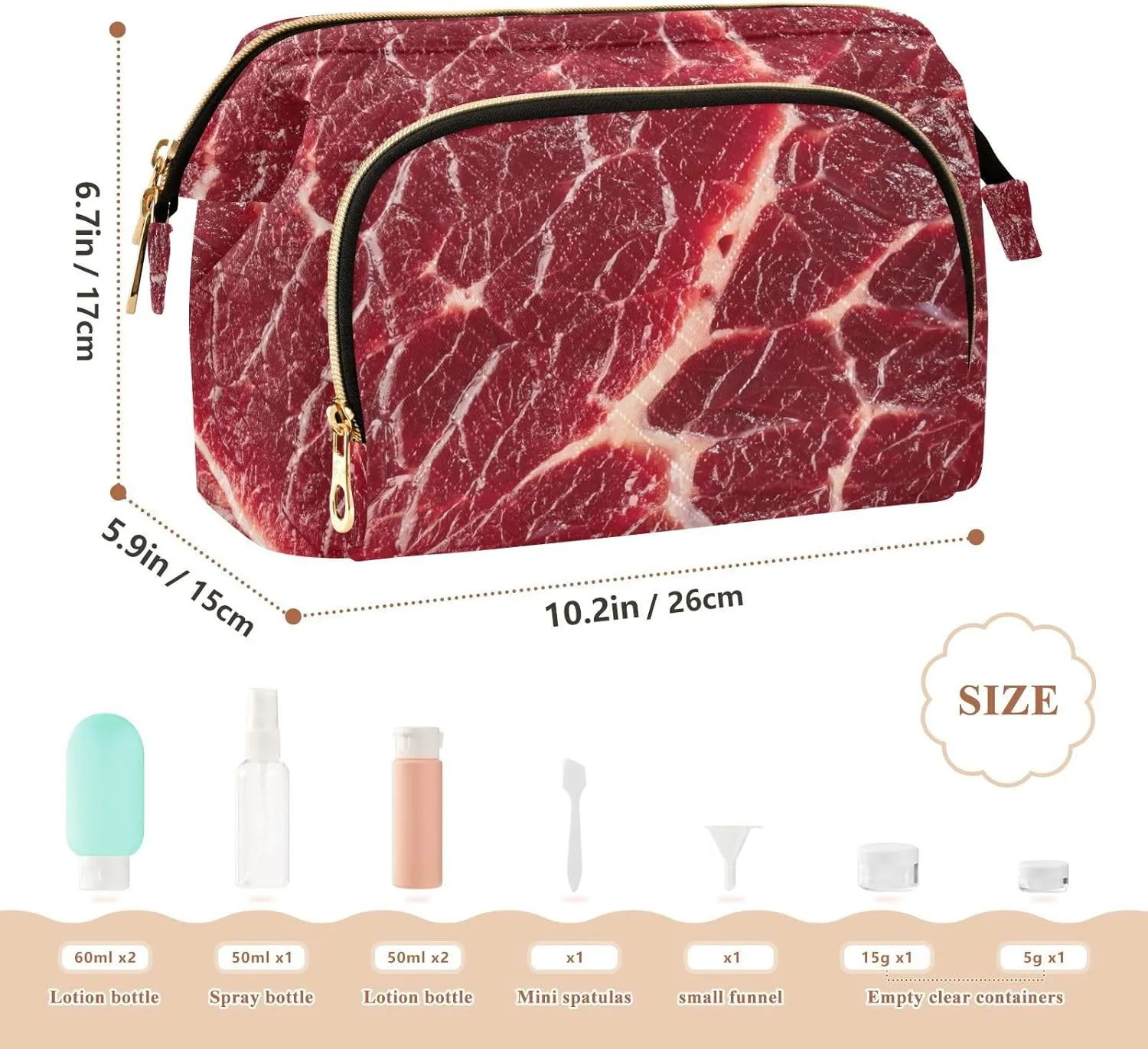 Women Wave Quilt Cosmetic Bag, Storage Pouch Handbag Makeup Case Zipper Toiletry Purse Holder Organizer 10.2x5.9x6.7 in Steak Beef Meant Red Texture