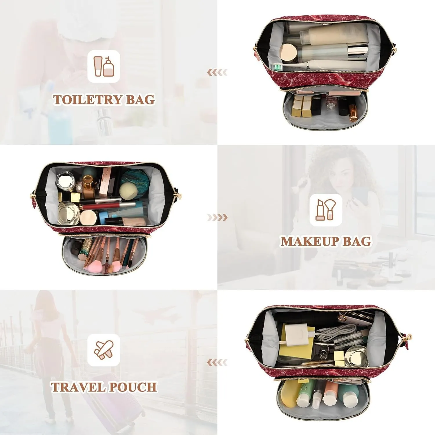 Women Wave Quilt Cosmetic Bag, Storage Pouch Handbag Makeup Case Zipper Toiletry Purse Holder Organizer 10.2x5.9x6.7 in Steak Beef Meant Red Texture