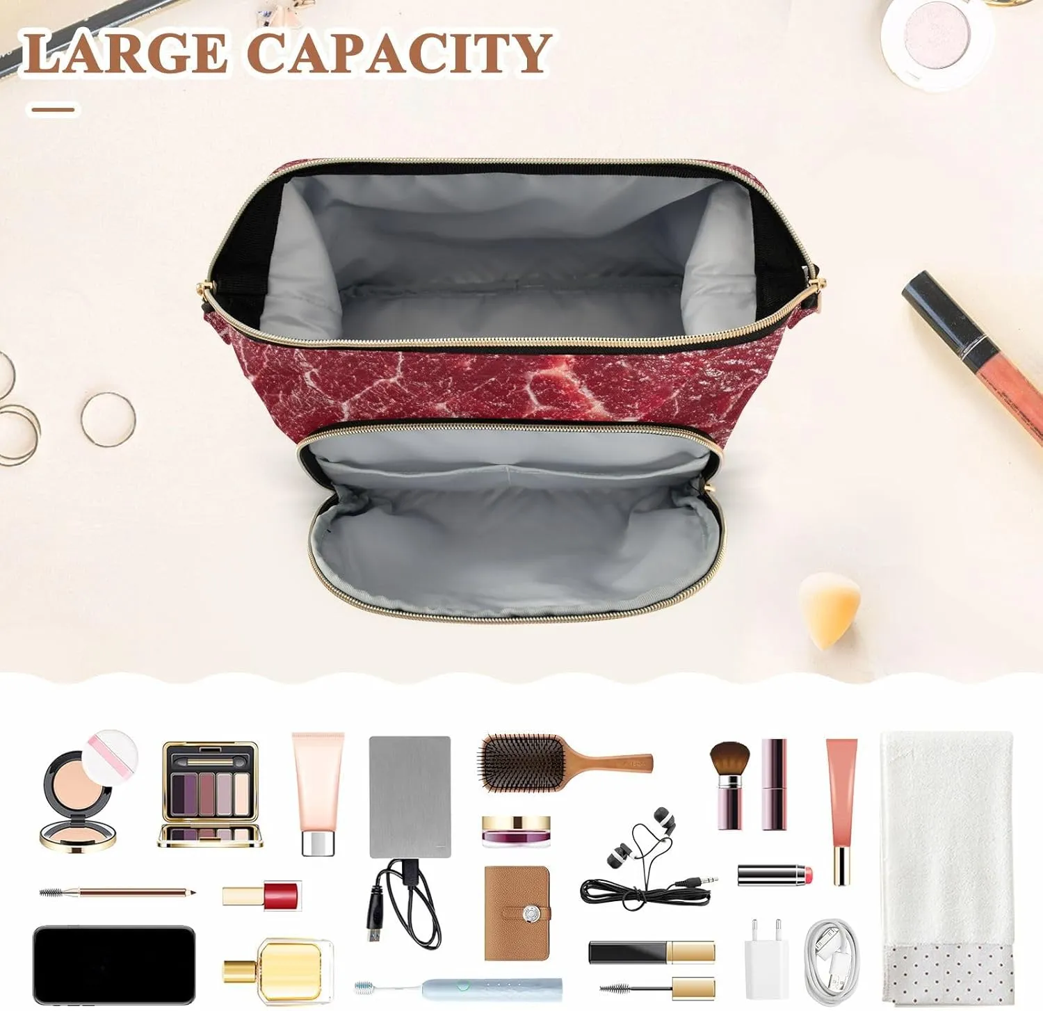 Women Wave Quilt Cosmetic Bag, Storage Pouch Handbag Makeup Case Zipper Toiletry Purse Holder Organizer 10.2x5.9x6.7 in Steak Beef Meant Red Texture