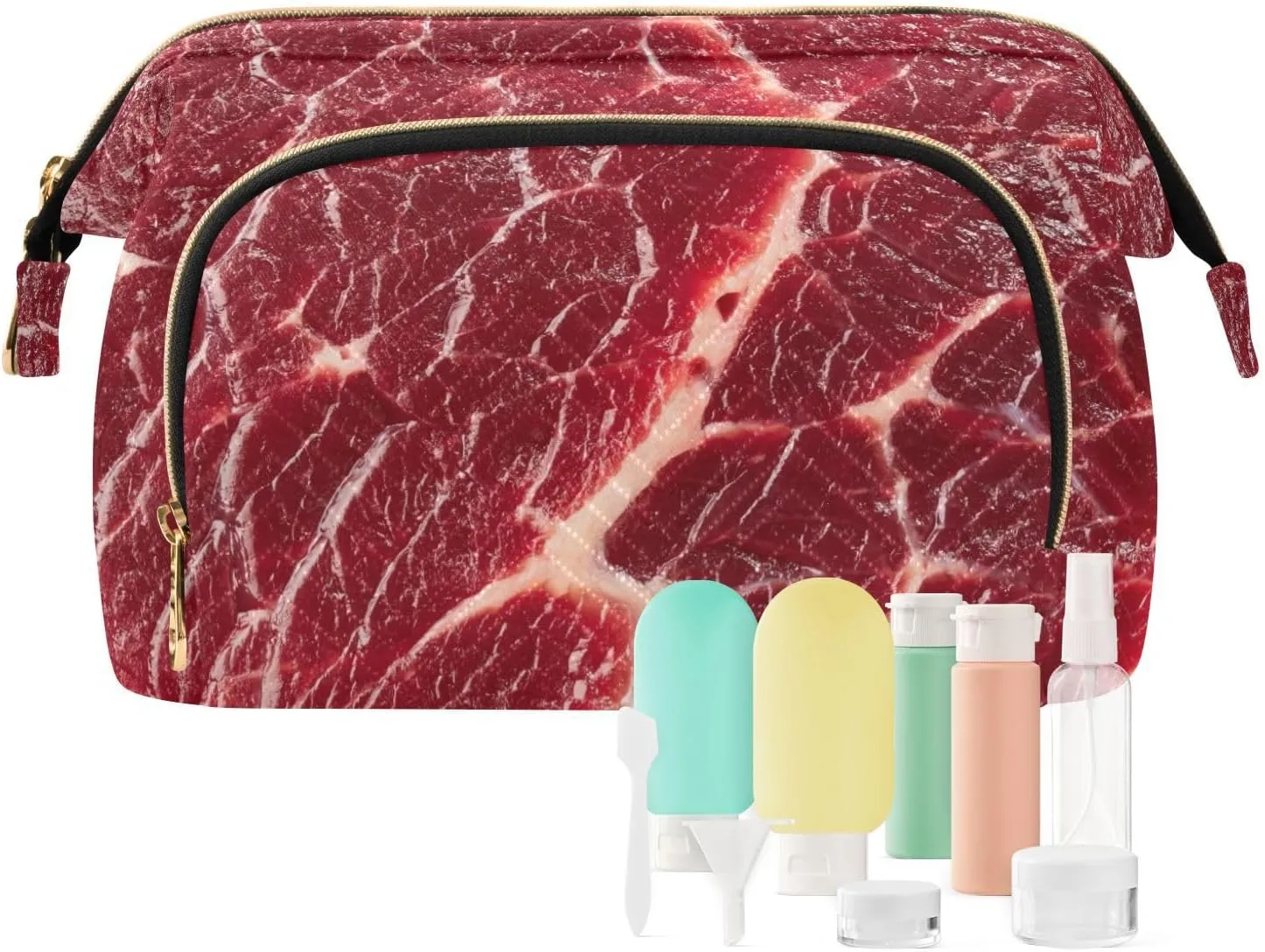 Women Wave Quilt Cosmetic Bag, Storage Pouch Handbag Makeup Case Zipper Toiletry Purse Holder Organizer 10.2x5.9x6.7 in Steak Beef Meant Red Texture