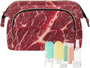 Women Wave Quilt Cosmetic Bag, Storage Pouch Handbag Makeup Case Zipper Toiletry Purse Holder Organizer 10.2x5.9x6.7 in Steak Beef Meant Red Texture