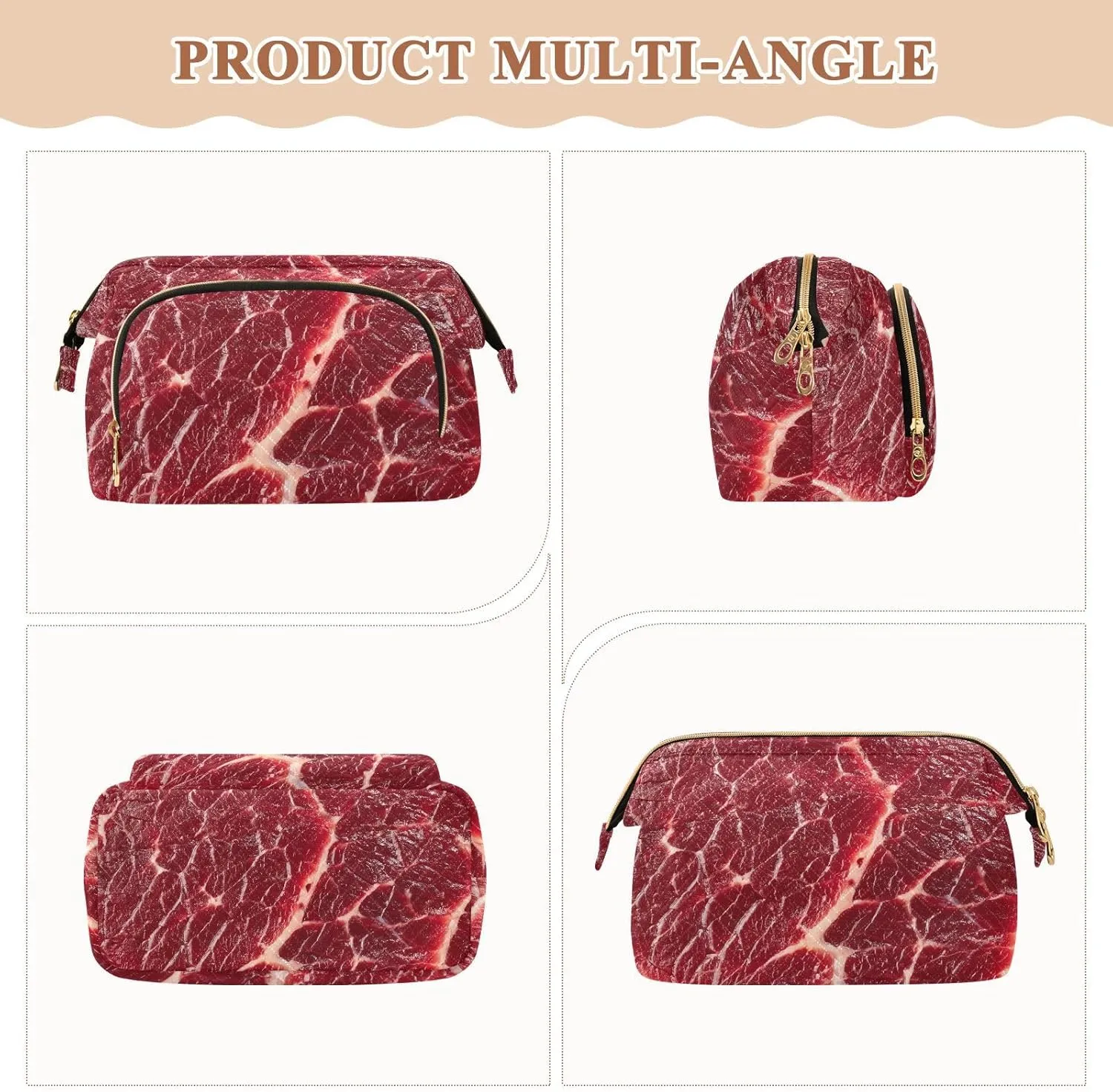 Women Wave Quilt Cosmetic Bag, Storage Pouch Handbag Makeup Case Zipper Toiletry Purse Holder Organizer 10.2x5.9x6.7 in Steak Beef Meant Red Texture