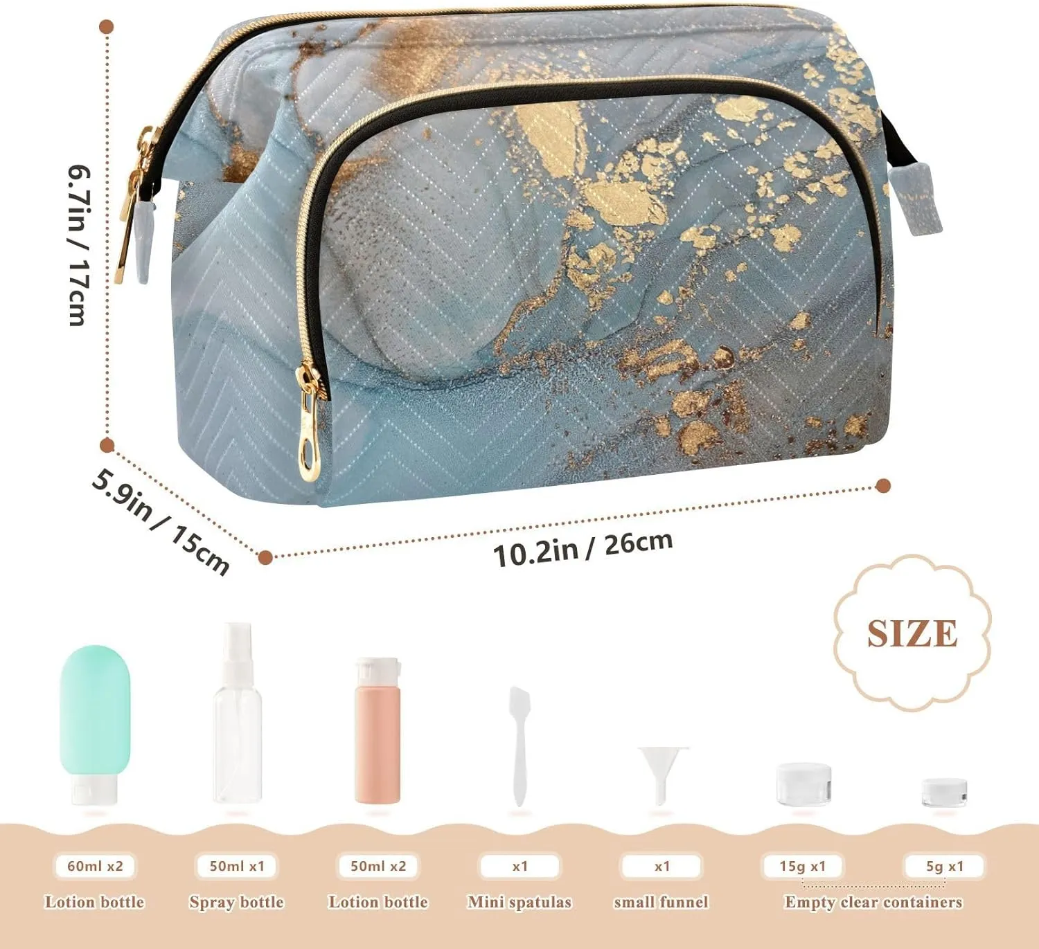 Women Wave Quilt Cosmetic Bag, Storage Pouch Handbag Makeup Case Zipper Toiletry Purse Holder Organizer 10.2x5.9x6.7 in Turquoise Blue Marble with Gold Smudges and Stains Golden Pigment