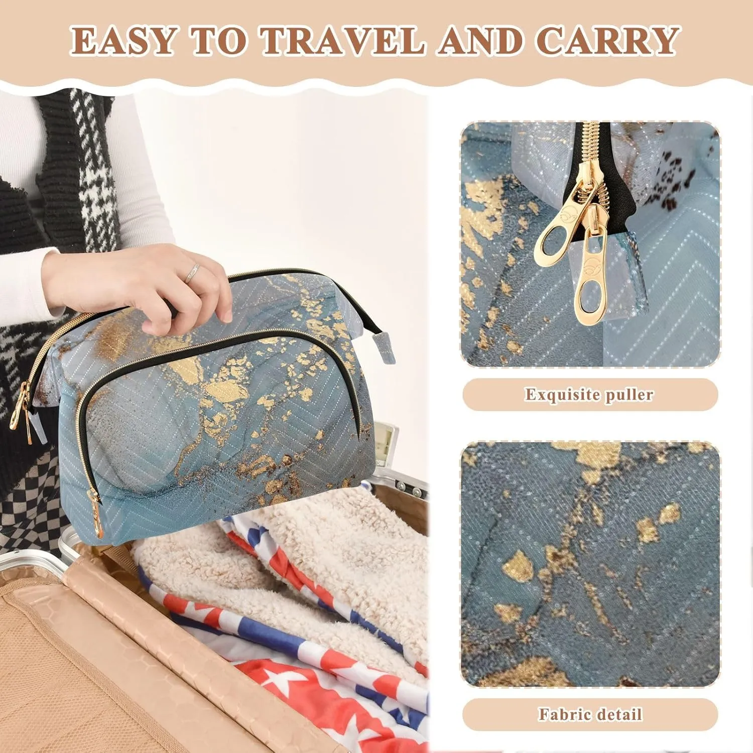 Women Wave Quilt Cosmetic Bag, Storage Pouch Handbag Makeup Case Zipper Toiletry Purse Holder Organizer 10.2x5.9x6.7 in Turquoise Blue Marble with Gold Smudges and Stains Golden Pigment