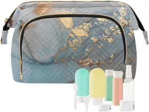 Women Wave Quilt Cosmetic Bag, Storage Pouch Handbag Makeup Case Zipper Toiletry Purse Holder Organizer 10.2x5.9x6.7 in Turquoise Blue Marble with Gold Smudges and Stains Golden Pigment