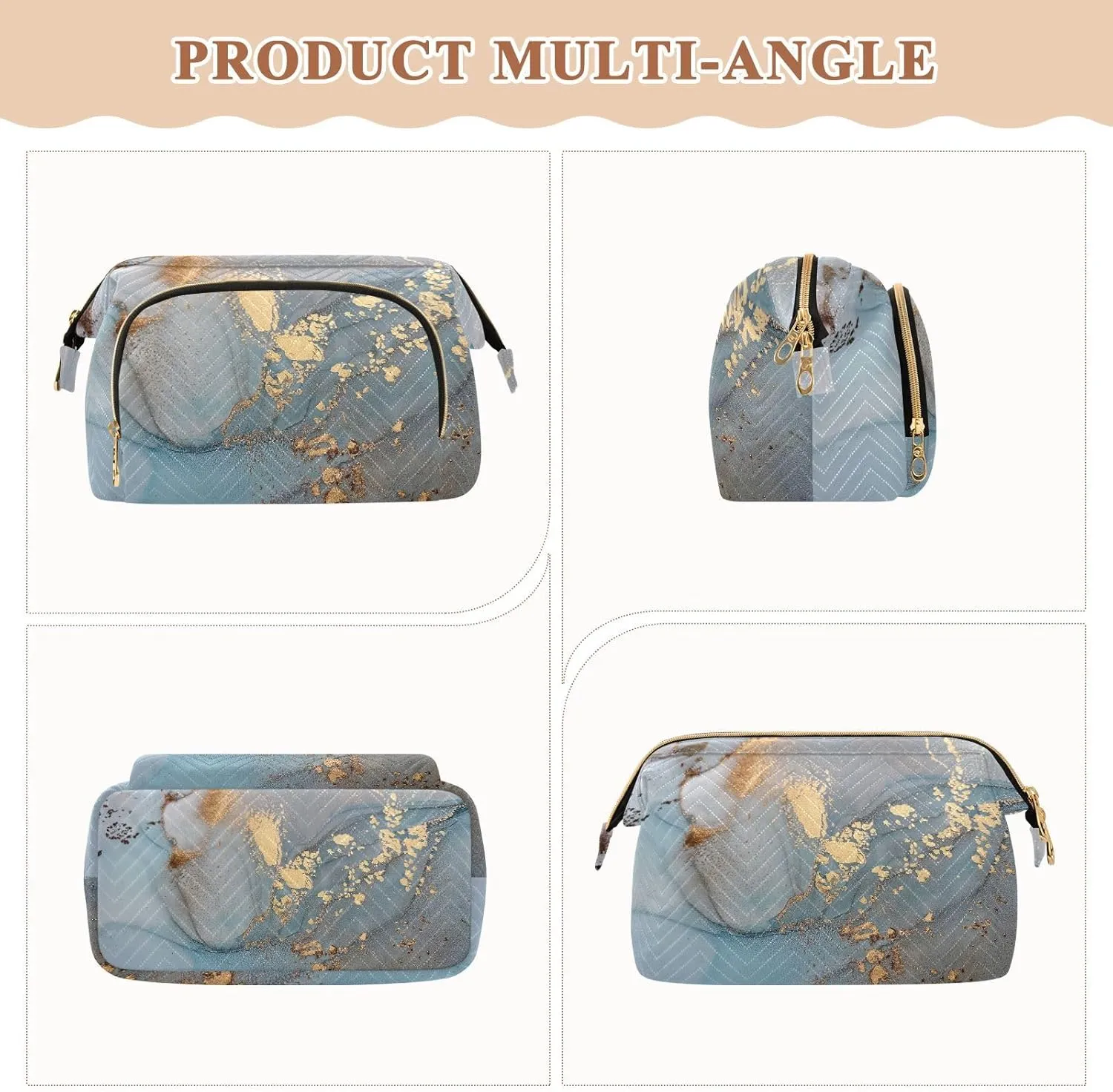 Women Wave Quilt Cosmetic Bag, Storage Pouch Handbag Makeup Case Zipper Toiletry Purse Holder Organizer 10.2x5.9x6.7 in Turquoise Blue Marble with Gold Smudges and Stains Golden Pigment