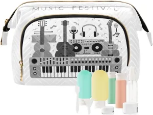 Women Wave Quilt Cosmetic Bag, Storage Pouch Handbag Makeup Case Zipper Toiletry Purse Holder Organizer 10.2x5.9x6.7 in Vintage Guitar Piano with Music Notes for Festival, Event, Concert