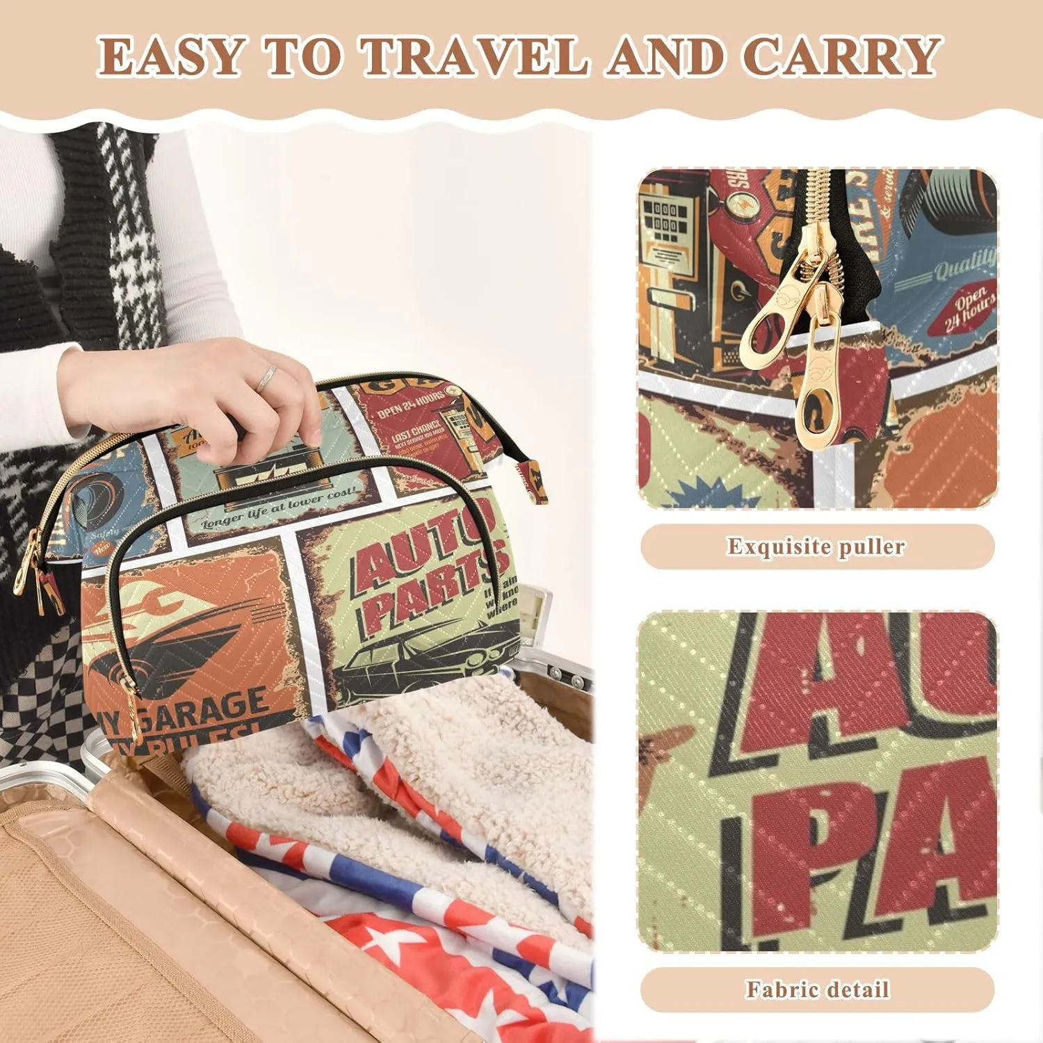 Women Wave Quilt Cosmetic Bag, Storage Pouch Handbag Makeup Case Zipper Toiletry Purse Holder Organizer 10.2x5.9x6.7 in Vintage Rusty Car Service Tin Signs Posters
