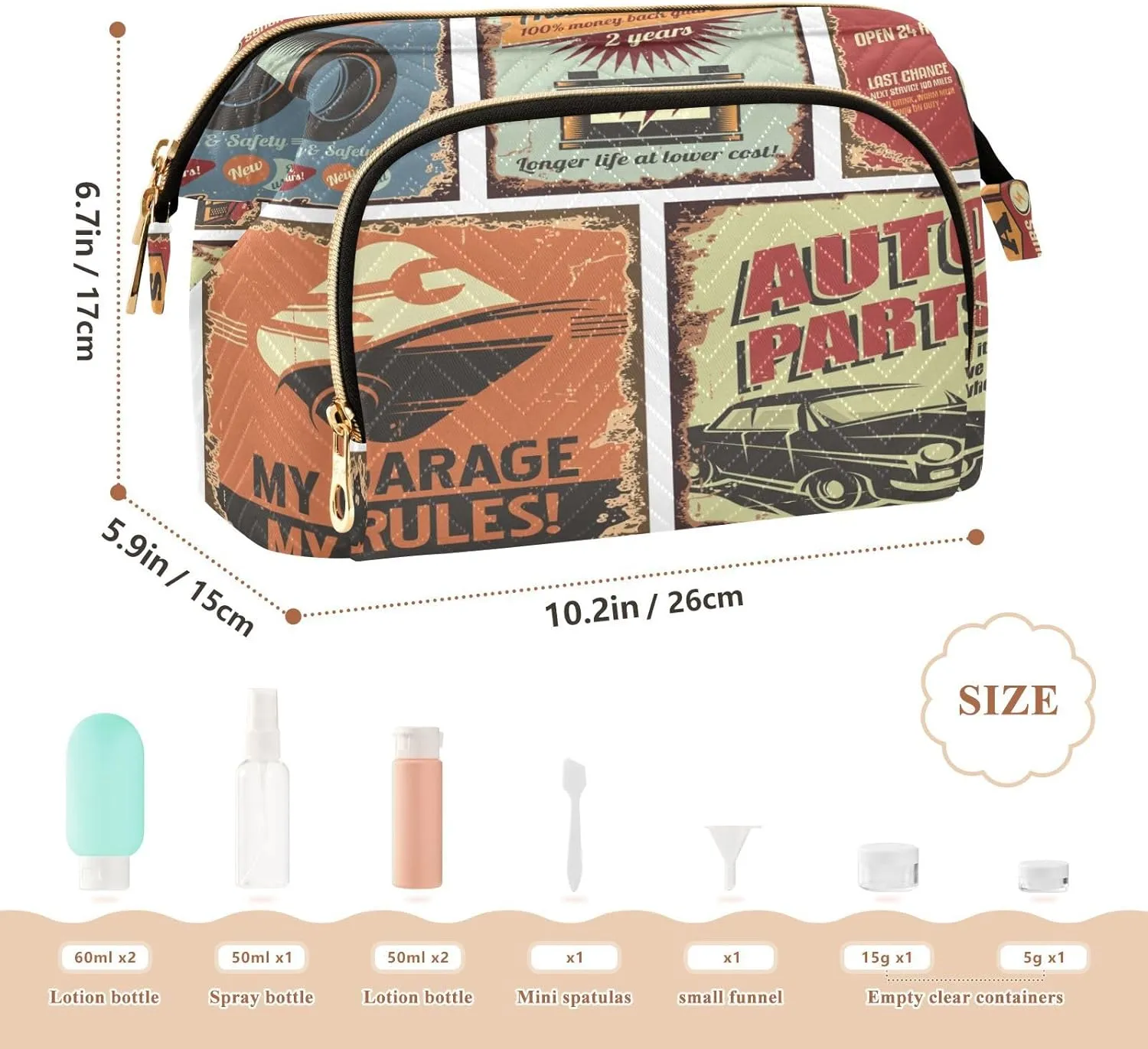 Women Wave Quilt Cosmetic Bag, Storage Pouch Handbag Makeup Case Zipper Toiletry Purse Holder Organizer 10.2x5.9x6.7 in Vintage Rusty Car Service Tin Signs Posters