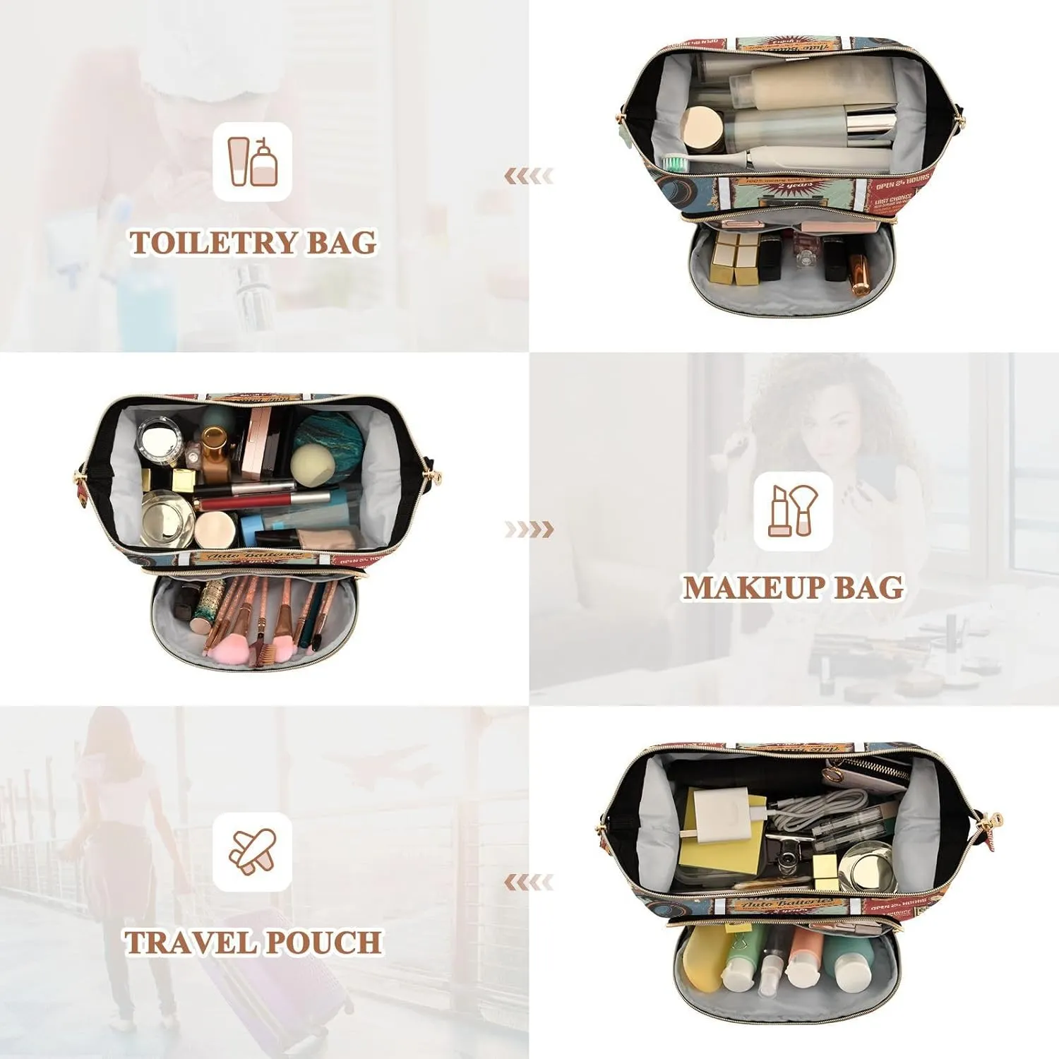 Women Wave Quilt Cosmetic Bag, Storage Pouch Handbag Makeup Case Zipper Toiletry Purse Holder Organizer 10.2x5.9x6.7 in Vintage Rusty Car Service Tin Signs Posters