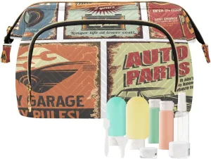 Women Wave Quilt Cosmetic Bag, Storage Pouch Handbag Makeup Case Zipper Toiletry Purse Holder Organizer 10.2x5.9x6.7 in Vintage Rusty Car Service Tin Signs Posters