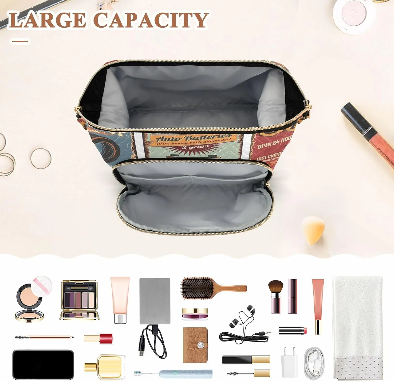 Women Wave Quilt Cosmetic Bag, Storage Pouch Handbag Makeup Case Zipper Toiletry Purse Holder Organizer 10.2x5.9x6.7 in Vintage Rusty Car Service Tin Signs Posters