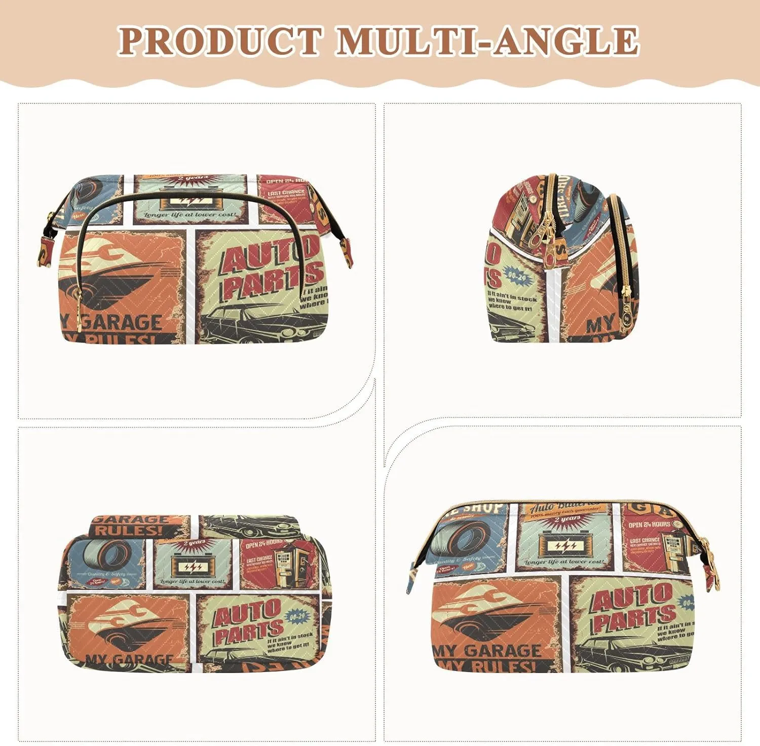 Women Wave Quilt Cosmetic Bag, Storage Pouch Handbag Makeup Case Zipper Toiletry Purse Holder Organizer 10.2x5.9x6.7 in Vintage Rusty Car Service Tin Signs Posters