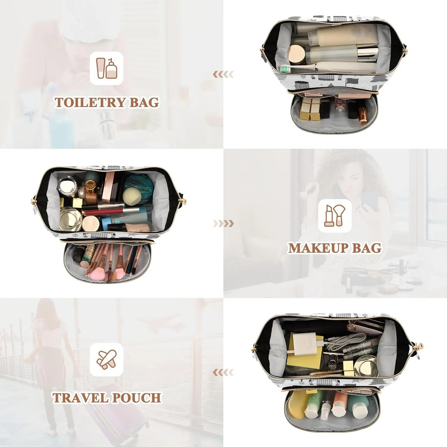 Women Wave Quilt Cosmetic Bag, Storage Pouch Handbag Makeup Case Zipper Toiletry Purse Holder Organizer 10.2x5.9x6.7 in Vintage Set of Camping Equipment Icon Set Tent Bonfire on White
