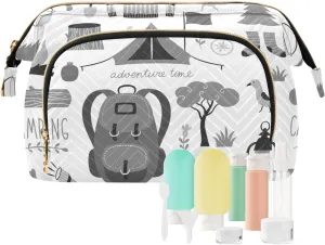 Women Wave Quilt Cosmetic Bag, Storage Pouch Handbag Makeup Case Zipper Toiletry Purse Holder Organizer 10.2x5.9x6.7 in Vintage Set of Camping Equipment Icon Set Tent Bonfire on White