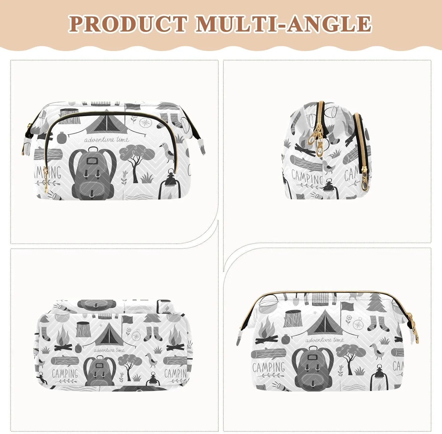 Women Wave Quilt Cosmetic Bag, Storage Pouch Handbag Makeup Case Zipper Toiletry Purse Holder Organizer 10.2x5.9x6.7 in Vintage Set of Camping Equipment Icon Set Tent Bonfire on White
