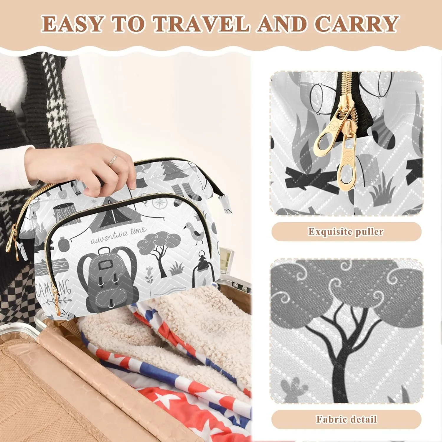 Women Wave Quilt Cosmetic Bag, Storage Pouch Handbag Makeup Case Zipper Toiletry Purse Holder Organizer 10.2x5.9x6.7 in Vintage Set of Camping Equipment Icon Set Tent Bonfire on White