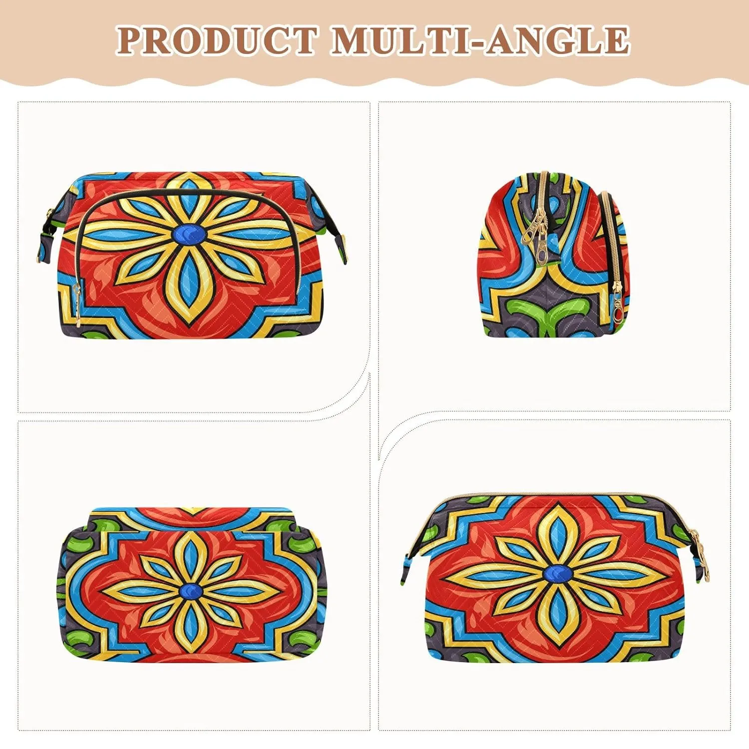 Women Wave Quilt Cosmetic Bag, Zipper Toiletry Storage 10.2x5.9x6.7 in, Pouch Handbag Makeup Case Purse Holder Organizer Mexican Ceramic Tile Ethnic Folk Ornament Pattern