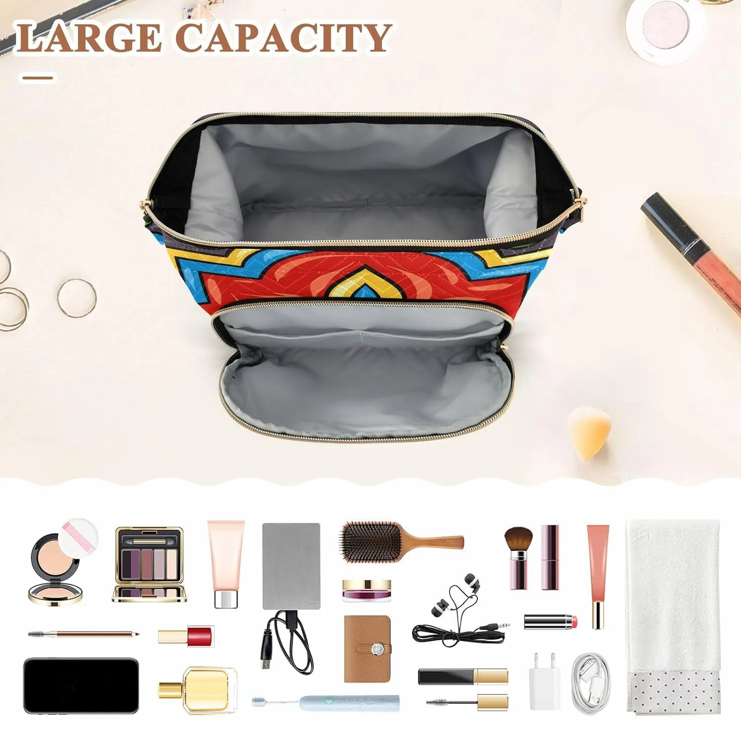 Women Wave Quilt Cosmetic Bag, Zipper Toiletry Storage 10.2x5.9x6.7 in, Pouch Handbag Makeup Case Purse Holder Organizer Mexican Ceramic Tile Ethnic Folk Ornament Pattern