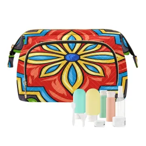 Women Wave Quilt Cosmetic Bag, Zipper Toiletry Storage 10.2x5.9x6.7 in, Pouch Handbag Makeup Case Purse Holder Organizer Mexican Ceramic Tile Ethnic Folk Ornament Pattern
