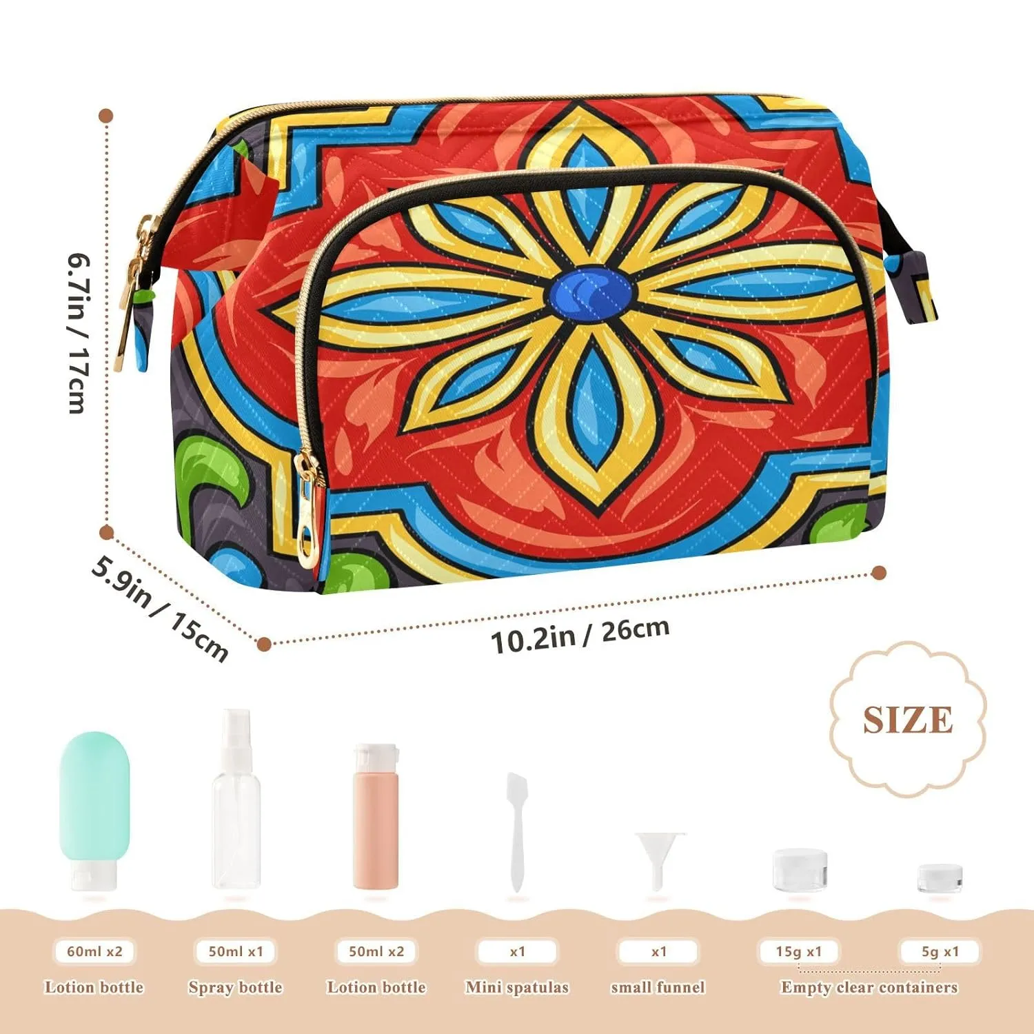 Women Wave Quilt Cosmetic Bag, Zipper Toiletry Storage 10.2x5.9x6.7 in, Pouch Handbag Makeup Case Purse Holder Organizer Mexican Ceramic Tile Ethnic Folk Ornament Pattern