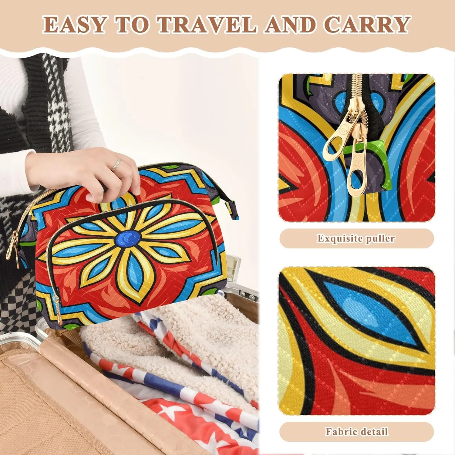 Women Wave Quilt Cosmetic Bag, Zipper Toiletry Storage 10.2x5.9x6.7 in, Pouch Handbag Makeup Case Purse Holder Organizer Mexican Ceramic Tile Ethnic Folk Ornament Pattern