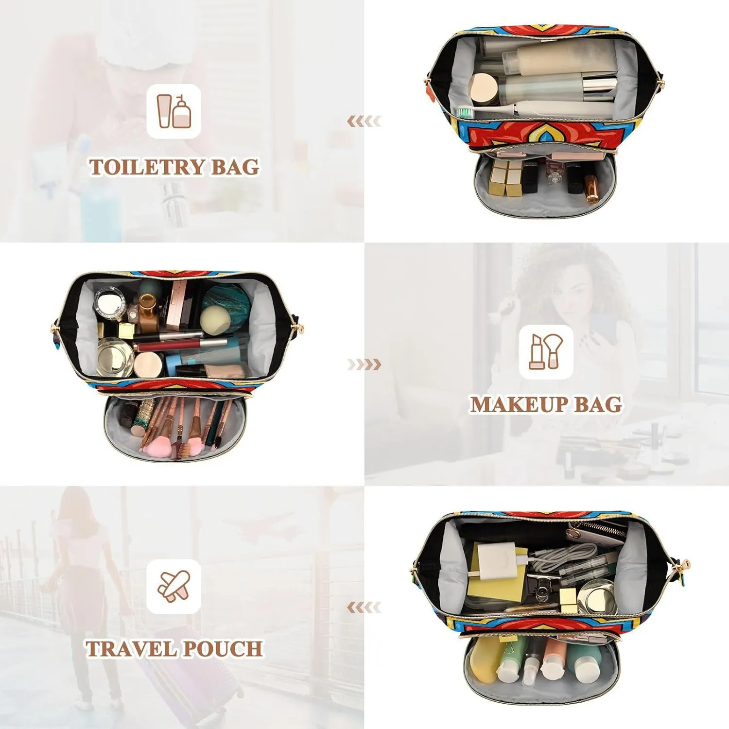 Women Wave Quilt Cosmetic Bag, Zipper Toiletry Storage 10.2x5.9x6.7 in, Pouch Handbag Makeup Case Purse Holder Organizer Mexican Ceramic Tile Ethnic Folk Ornament Pattern