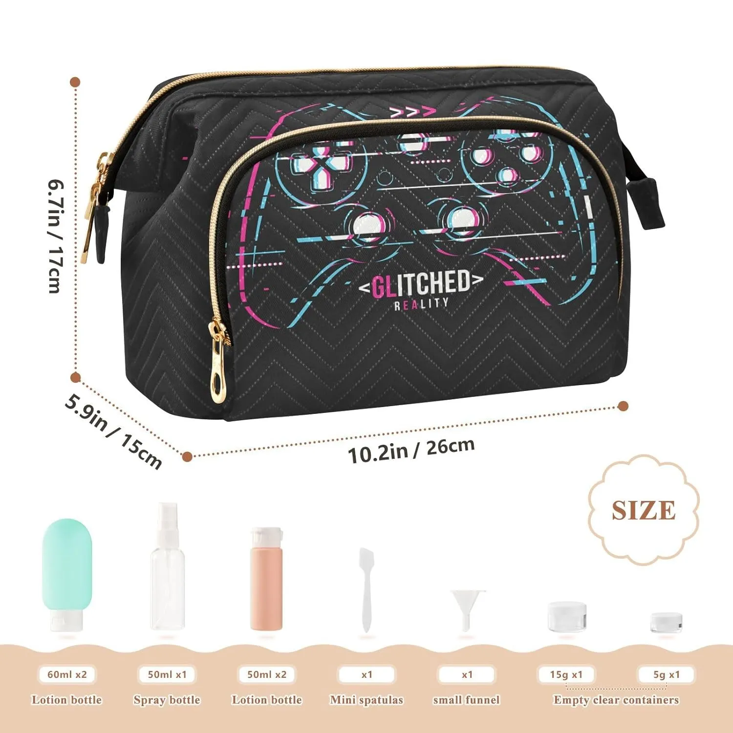 Women Wave Quilt Cosmetic Bag, Zipper Toiletry Storage 10.2x5.9x6.7 in, Pouch Handbag Makeup Case Purse Holder Organizer Print Abstract Gamepad On Black