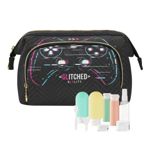 Women Wave Quilt Cosmetic Bag, Zipper Toiletry Storage 10.2x5.9x6.7 in, Pouch Handbag Makeup Case Purse Holder Organizer Print Abstract Gamepad On Black