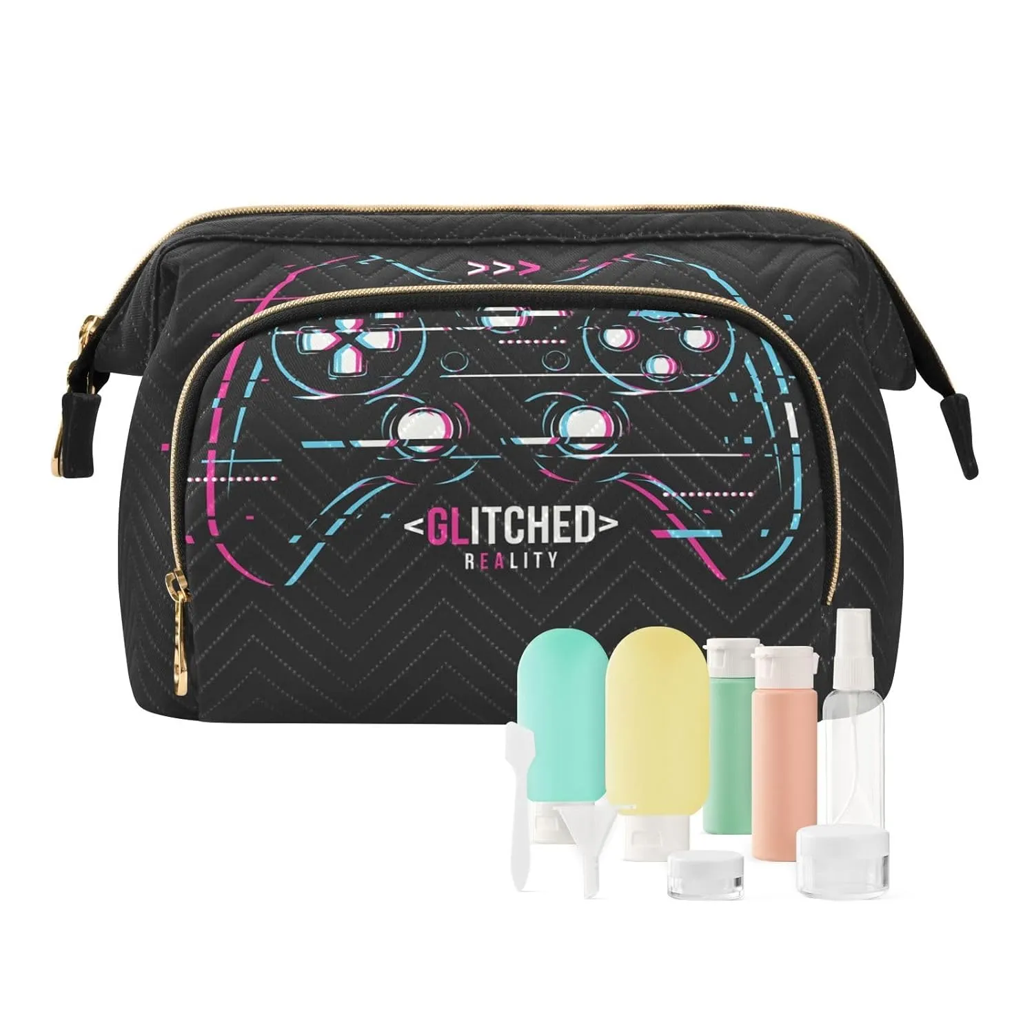 Women Wave Quilt Cosmetic Bag, Zipper Toiletry Storage 10.2x5.9x6.7 in, Pouch Handbag Makeup Case Purse Holder Organizer Print Abstract Gamepad On Black