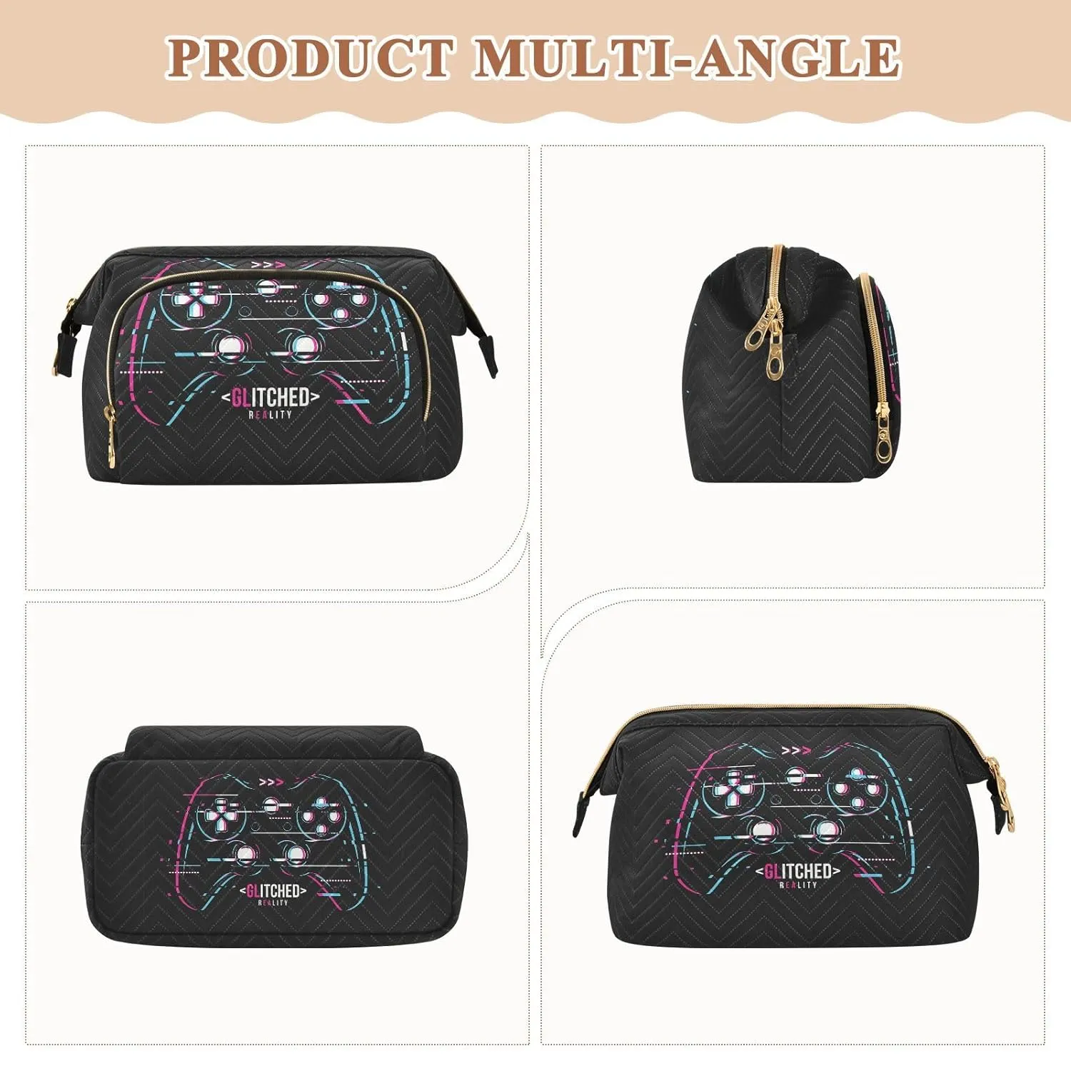 Women Wave Quilt Cosmetic Bag, Zipper Toiletry Storage 10.2x5.9x6.7 in, Pouch Handbag Makeup Case Purse Holder Organizer Print Abstract Gamepad On Black
