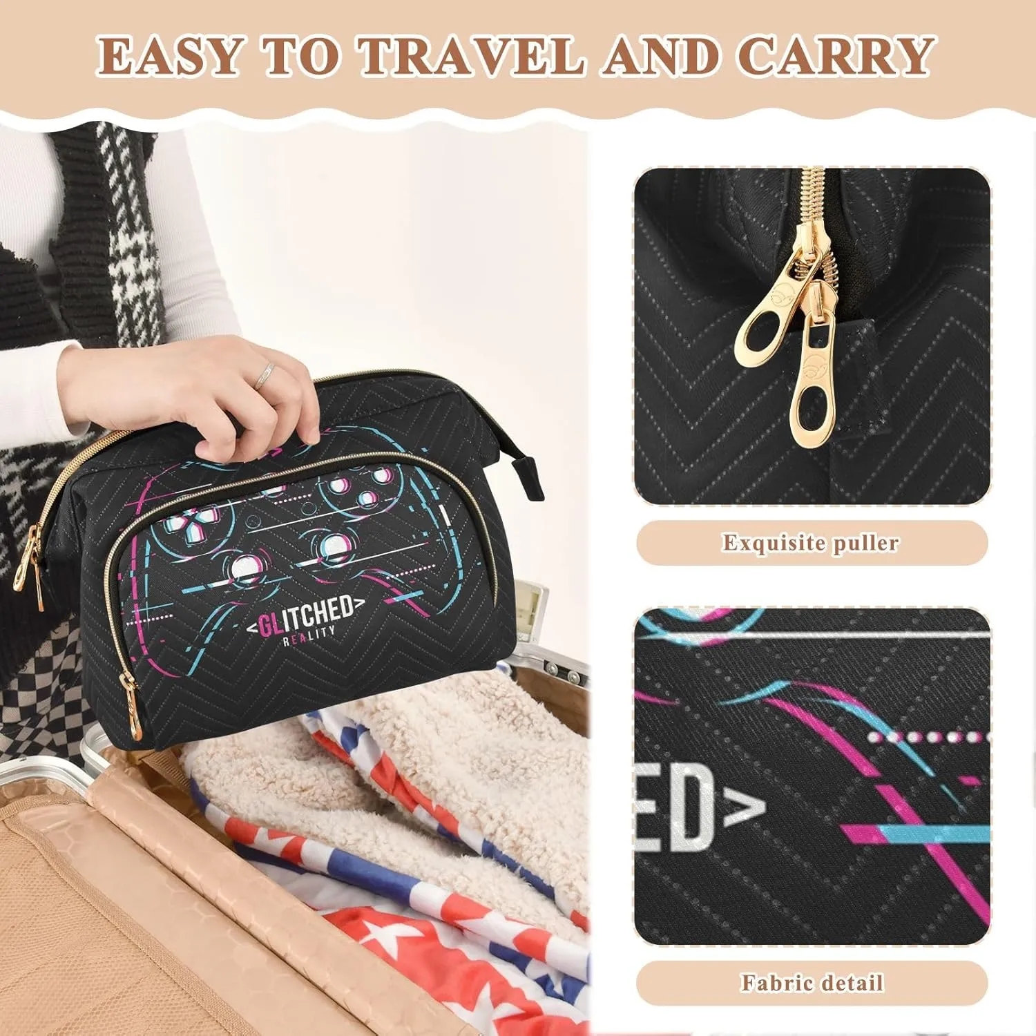 Women Wave Quilt Cosmetic Bag, Zipper Toiletry Storage 10.2x5.9x6.7 in, Pouch Handbag Makeup Case Purse Holder Organizer Print Abstract Gamepad On Black