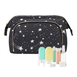 Women Wave Quilt Cosmetic Bag, Zipper Toiletry Storage 10.2x5.9x6.7 in, Pouch Handbag Makeup Case Purse Holder Organizer Print Astronomical Starry Stars Galaxy Space On Black