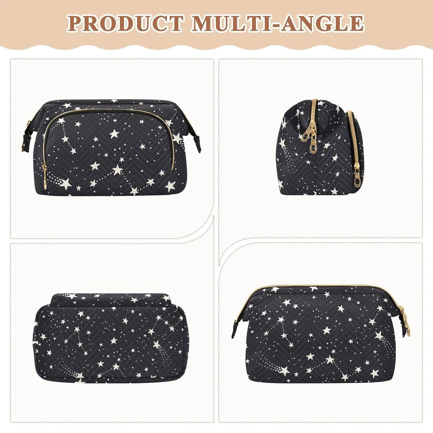 Women Wave Quilt Cosmetic Bag, Zipper Toiletry Storage 10.2x5.9x6.7 in, Pouch Handbag Makeup Case Purse Holder Organizer Print Astronomical Starry Stars Galaxy Space On Black