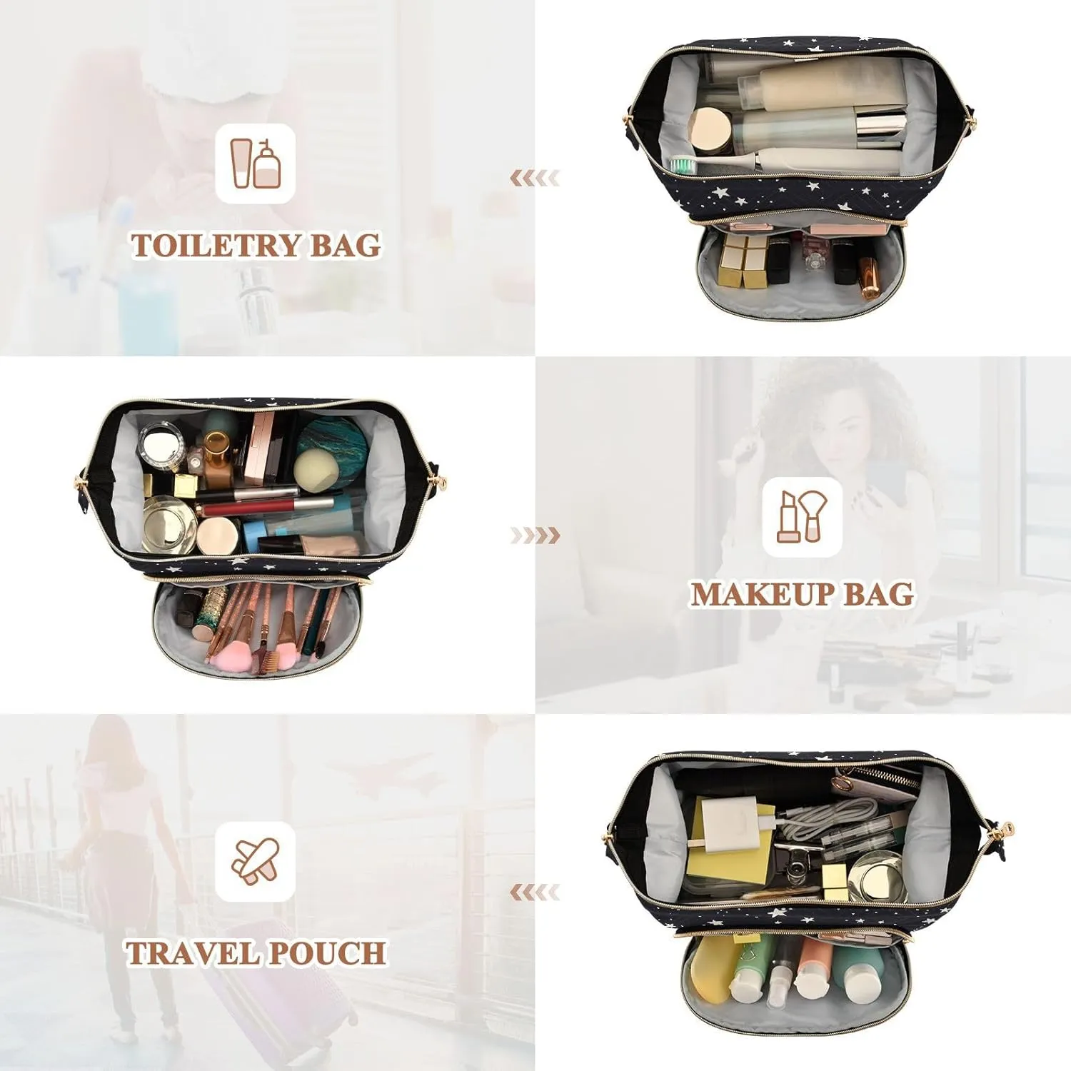 Women Wave Quilt Cosmetic Bag, Zipper Toiletry Storage 10.2x5.9x6.7 in, Pouch Handbag Makeup Case Purse Holder Organizer Print Astronomical Starry Stars Galaxy Space On Black
