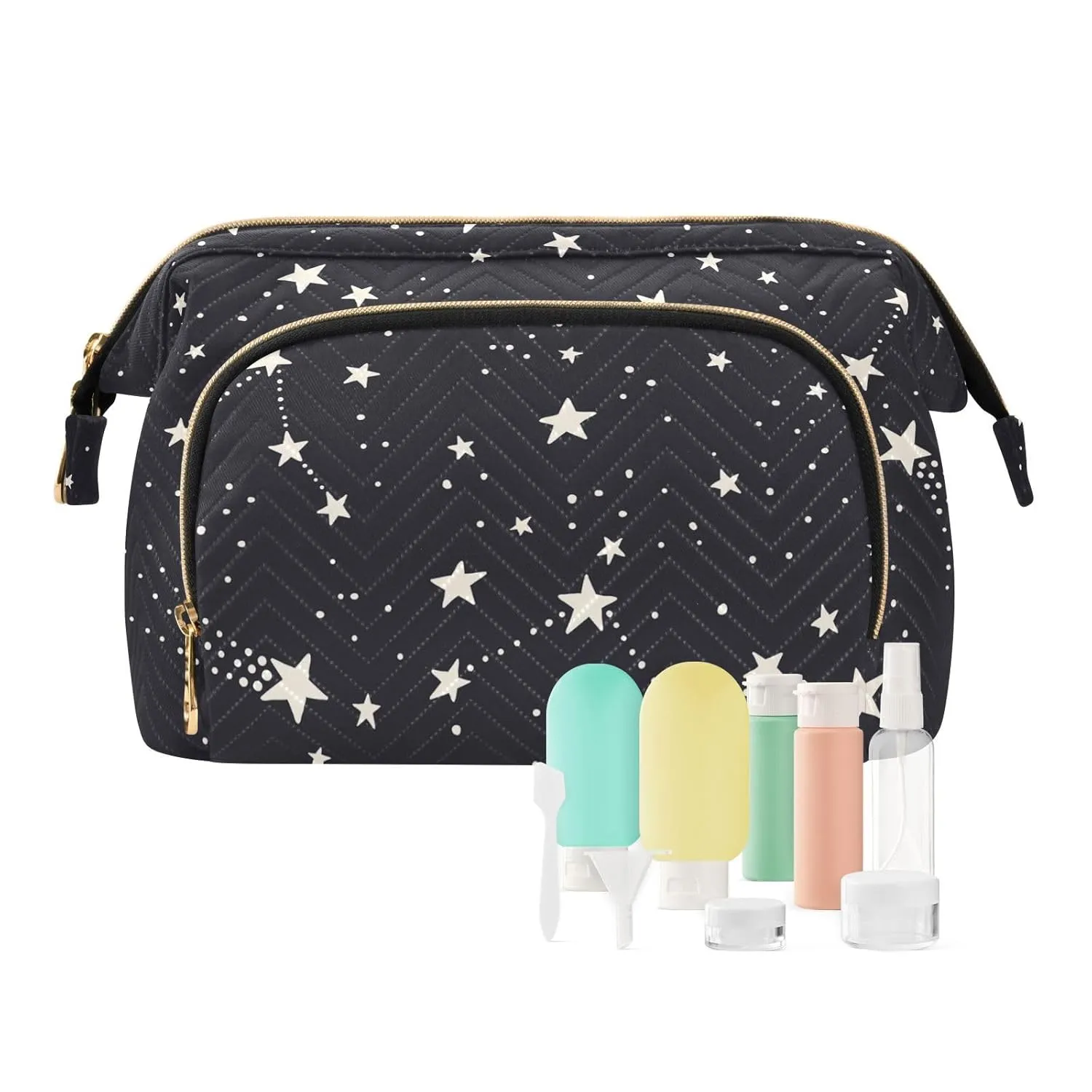 Women Wave Quilt Cosmetic Bag, Zipper Toiletry Storage 10.2x5.9x6.7 in, Pouch Handbag Makeup Case Purse Holder Organizer Print Astronomical Starry Stars Galaxy Space On Black