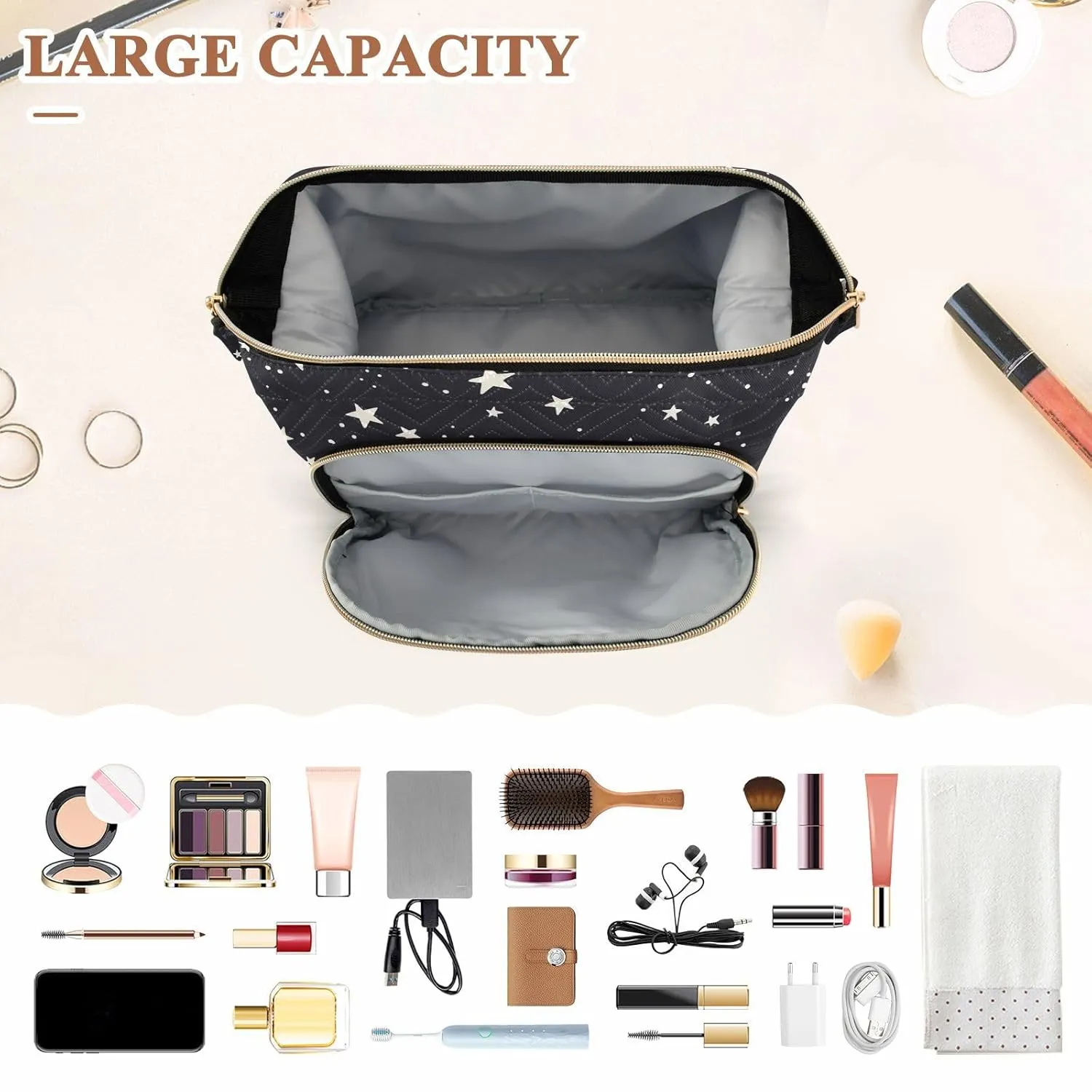 Women Wave Quilt Cosmetic Bag, Zipper Toiletry Storage 10.2x5.9x6.7 in, Pouch Handbag Makeup Case Purse Holder Organizer Print Astronomical Starry Stars Galaxy Space On Black