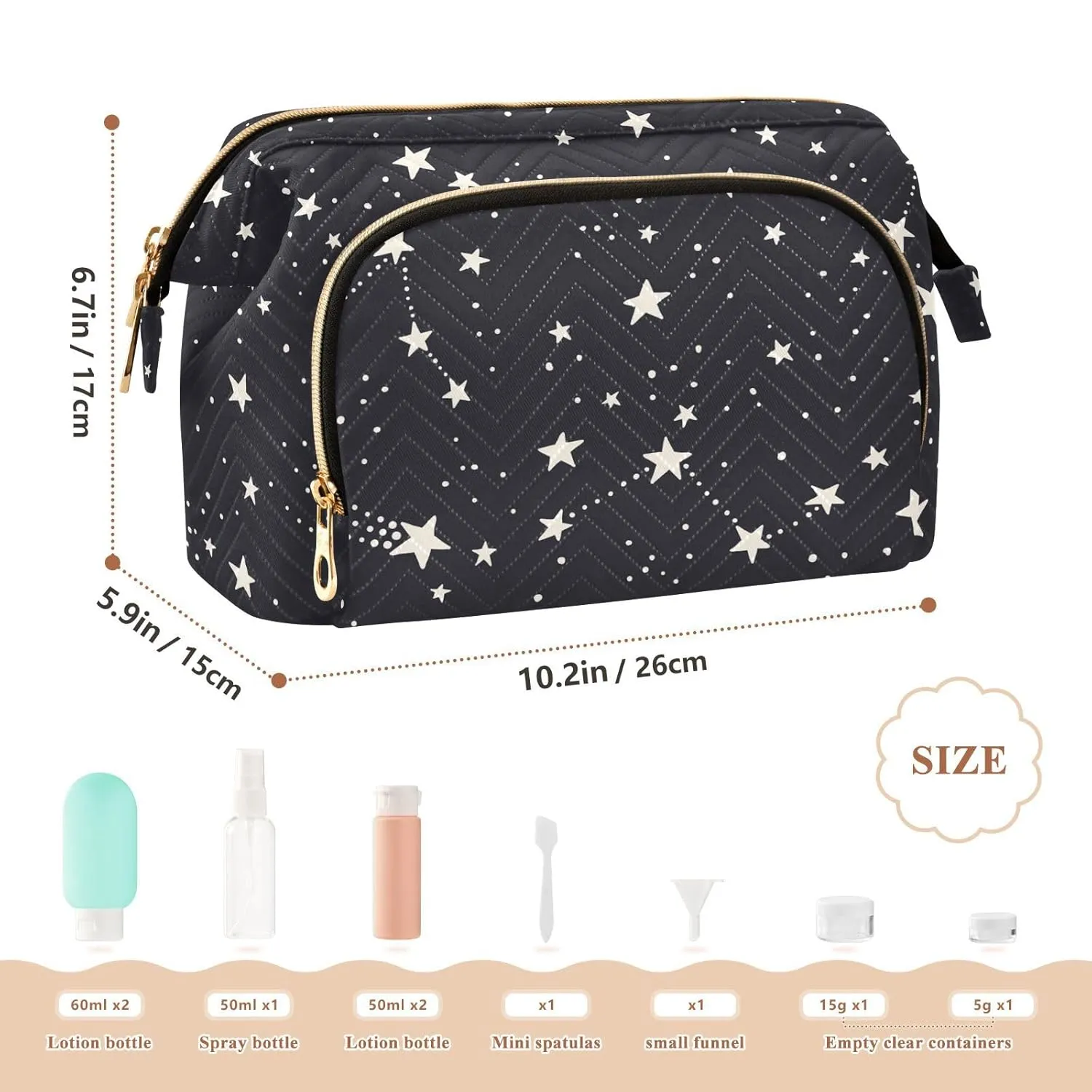 Women Wave Quilt Cosmetic Bag, Zipper Toiletry Storage 10.2x5.9x6.7 in, Pouch Handbag Makeup Case Purse Holder Organizer Print Astronomical Starry Stars Galaxy Space On Black