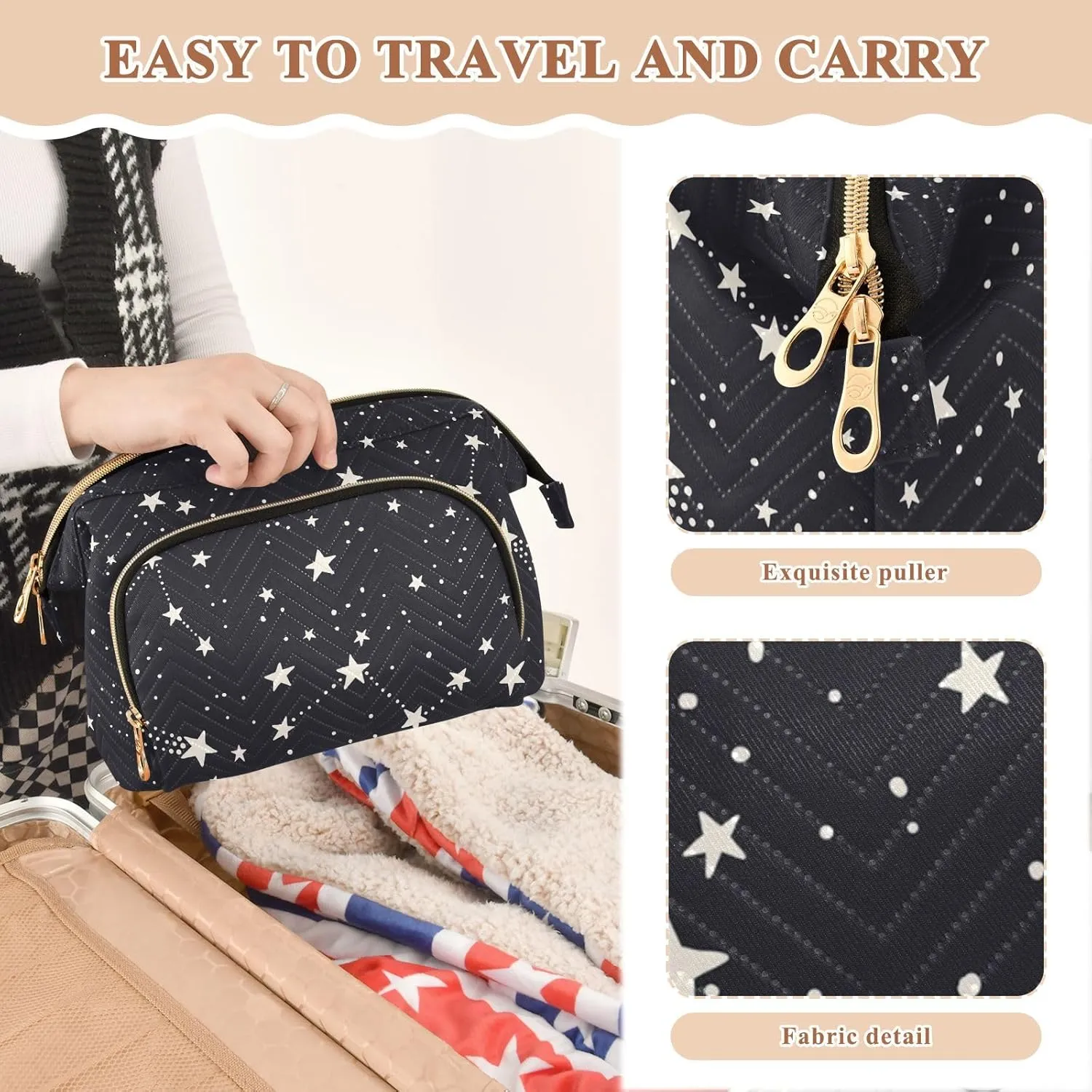 Women Wave Quilt Cosmetic Bag, Zipper Toiletry Storage 10.2x5.9x6.7 in, Pouch Handbag Makeup Case Purse Holder Organizer Print Astronomical Starry Stars Galaxy Space On Black