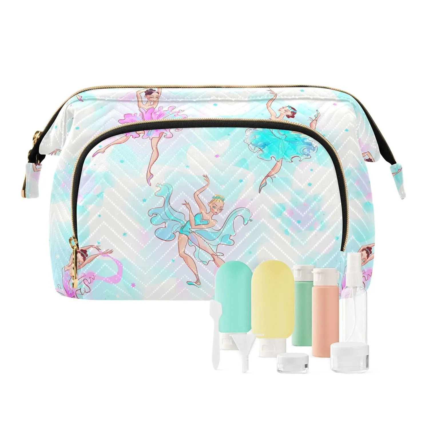 Women Wave Quilt Cosmetic Bag, Zipper Toiletry Storage 10.2x5.9x6.7 in, Pouch Handbag Makeup Case Purse Holder Organizer Print Ballerinas Ballet Dance
