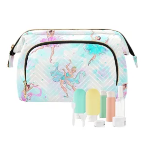 Women Wave Quilt Cosmetic Bag, Zipper Toiletry Storage 10.2x5.9x6.7 in, Pouch Handbag Makeup Case Purse Holder Organizer Print Ballerinas Ballet Dance