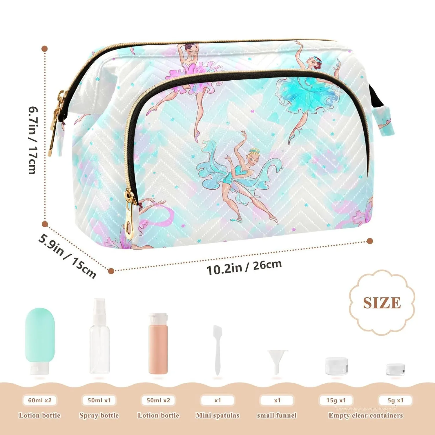 Women Wave Quilt Cosmetic Bag, Zipper Toiletry Storage 10.2x5.9x6.7 in, Pouch Handbag Makeup Case Purse Holder Organizer Print Ballerinas Ballet Dance