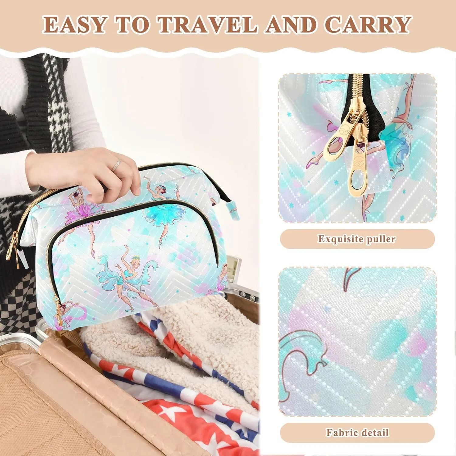 Women Wave Quilt Cosmetic Bag, Zipper Toiletry Storage 10.2x5.9x6.7 in, Pouch Handbag Makeup Case Purse Holder Organizer Print Ballerinas Ballet Dance
