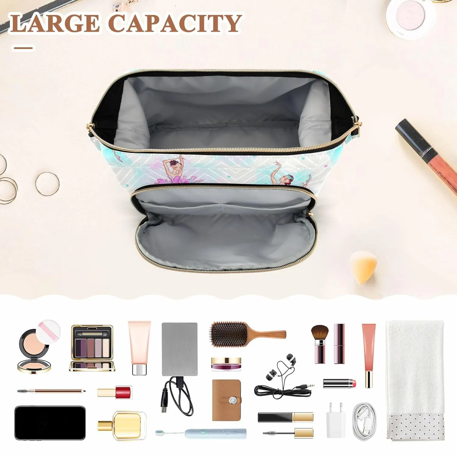 Women Wave Quilt Cosmetic Bag, Zipper Toiletry Storage 10.2x5.9x6.7 in, Pouch Handbag Makeup Case Purse Holder Organizer Print Ballerinas Ballet Dance