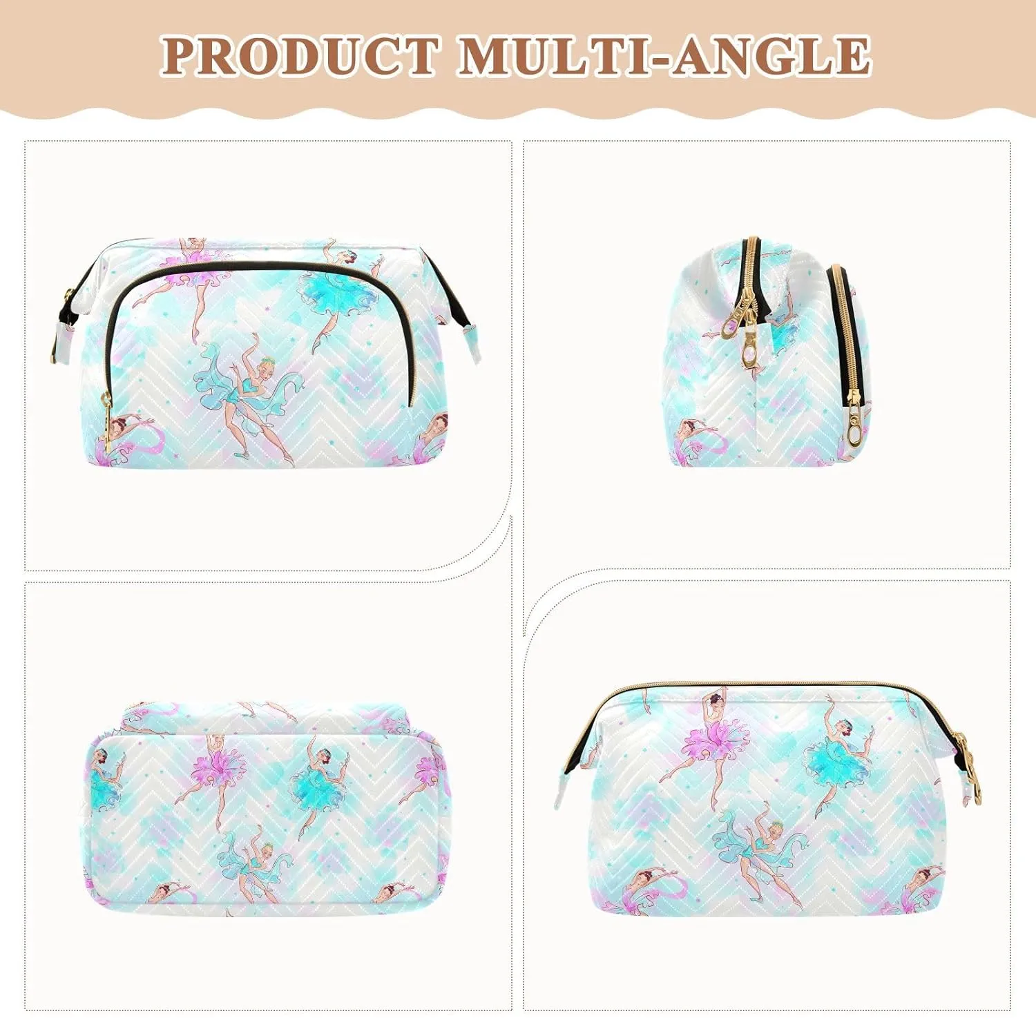 Women Wave Quilt Cosmetic Bag, Zipper Toiletry Storage 10.2x5.9x6.7 in, Pouch Handbag Makeup Case Purse Holder Organizer Print Ballerinas Ballet Dance